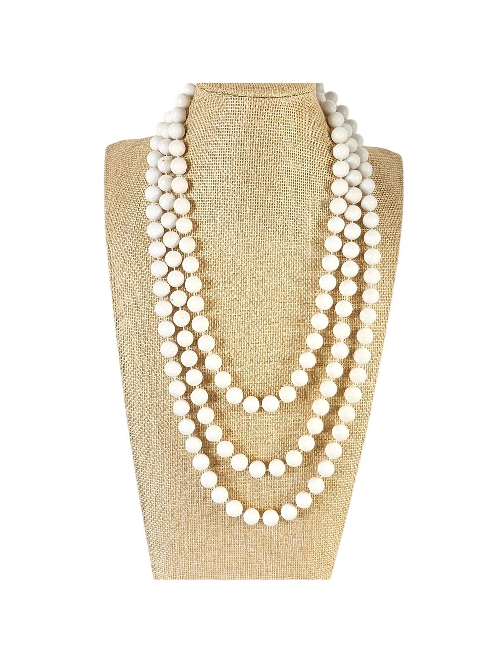 Vintage White Beaded Multi Strand Necklace 72” Long Layered Statement Jewelry